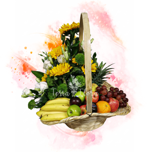 T0079 - ARREGLO FLORAL CON FRUTAS EN CANASTA