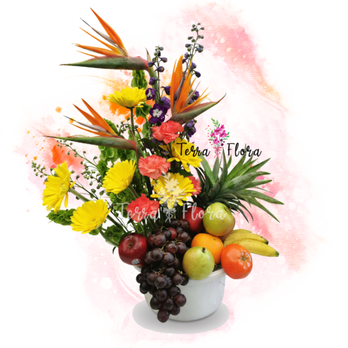 T0122 - ARREGLO FLORAL EXÓTICO CON FRUTAS
