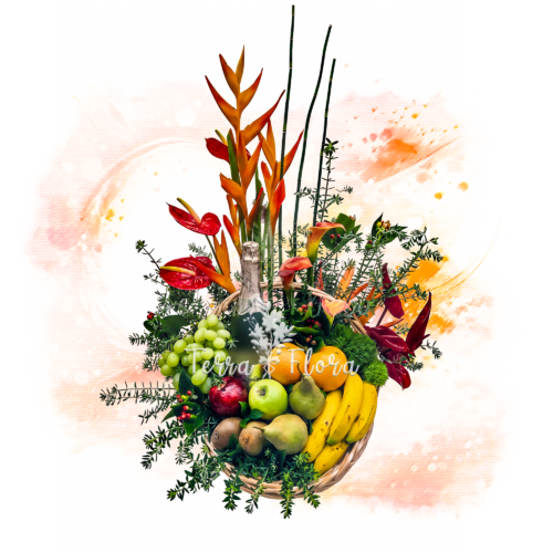 P0009 - ARREGLO EXÓTICO CON FRUTA Y VINO