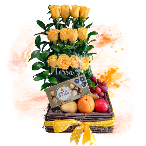C011 - ARREGLO FLORAL DE ROSAS CON FRUTAS